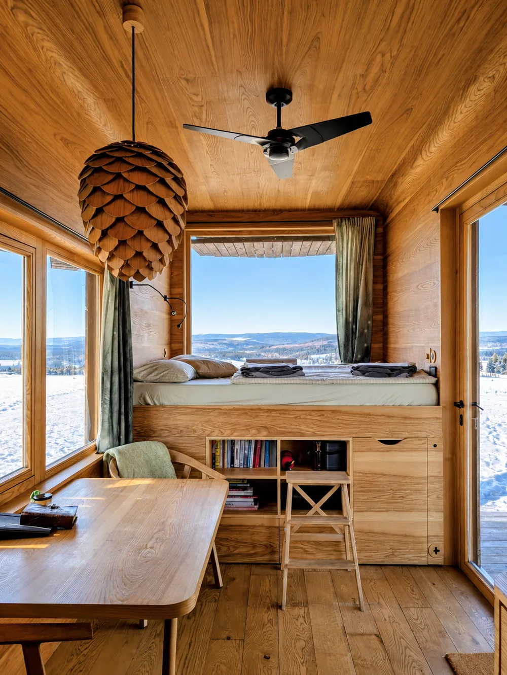 Interiér tiny house se zasněženou krajinou za okny