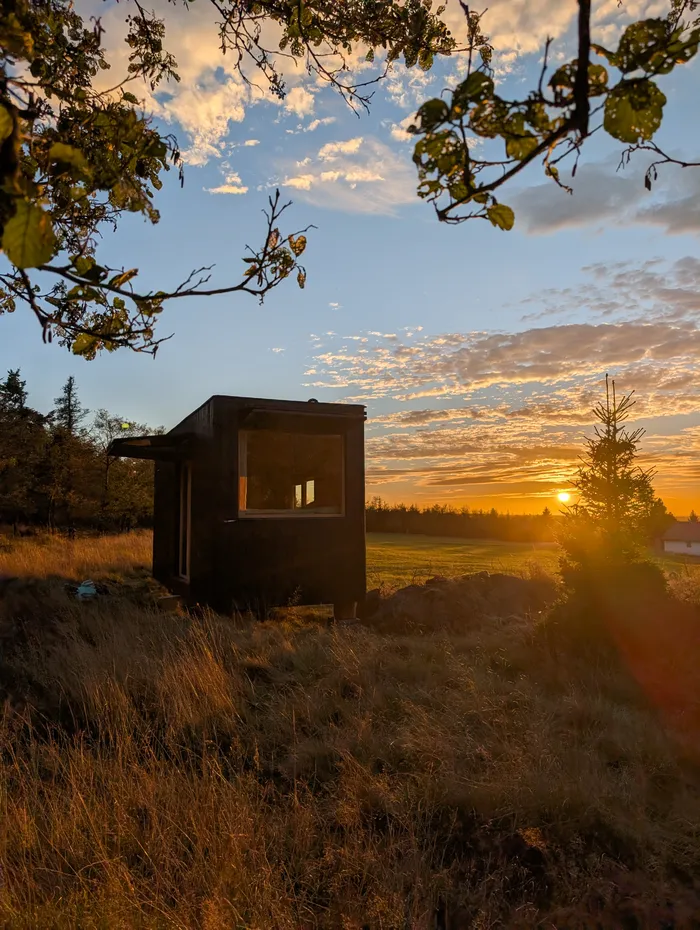 Západ slunce za tiny house U Lesa pod větvemi stromu