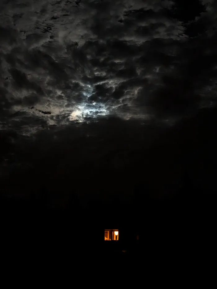 Noc nad lesem, v dálce rozsvícené okno tiny house U Lesa
