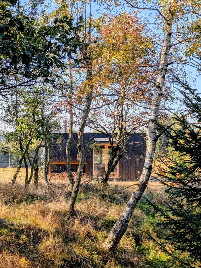 Tiny house U Lesa mezi břízami v podzimních barvách