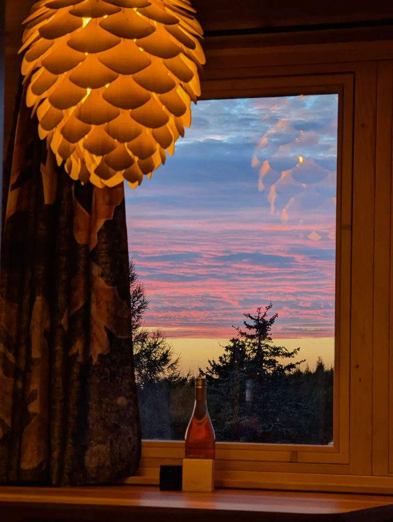 Výhled z okna tiny house U Lesa na růžové nebe při západu slunce